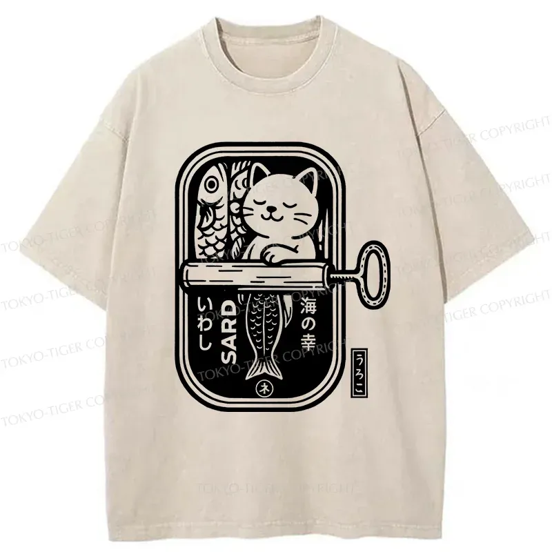 Tokyo-Tiger Cat And Canned Fish Washed T-Shirt