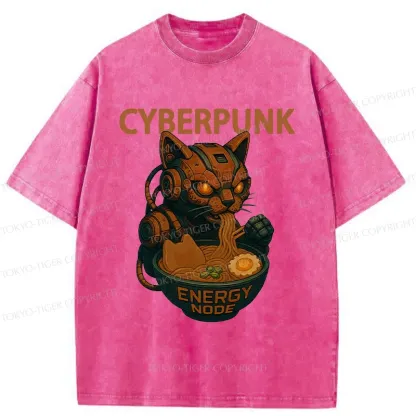 Tokyo-Tiger Retro Machine Cat Eating Ramen Washed T-Shirt