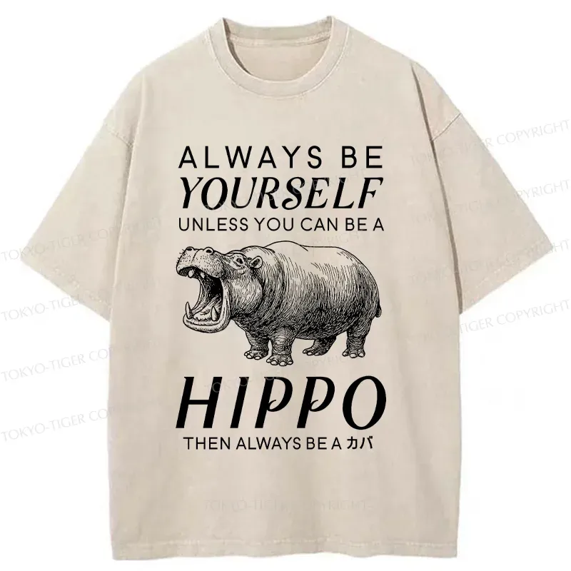 Tokyo-Tiger Funny Hippopotamu Washed T-Shirt