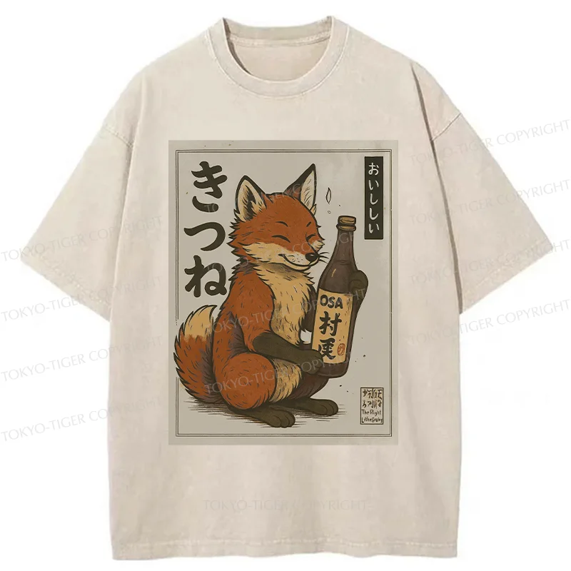 Tokyo-Tiger Fox Holding Sake Washed T-Shirt
