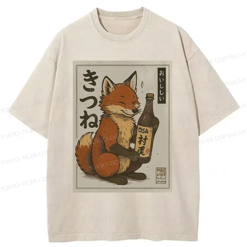 Tokyo-Tiger Fox Holding Sake Washed T-Shirt