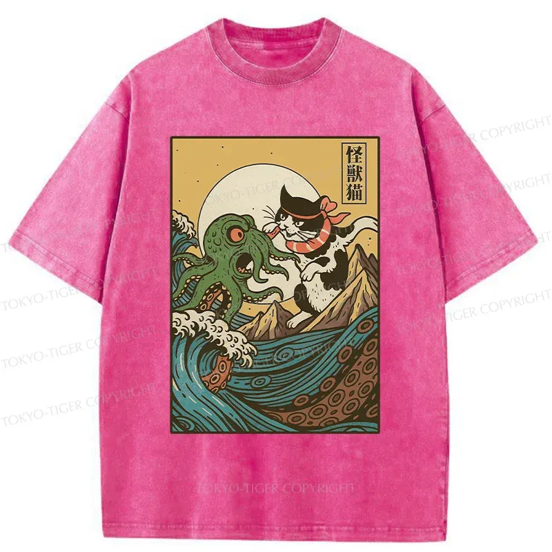 Tokyo-Tiger Cat And Octopus Battle Funny Washed T-Shirt