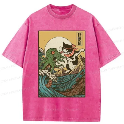 Tokyo-Tiger Cat And Octopus Battle Funny Washed T-Shirt