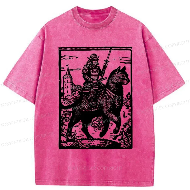 Tokyo-Tiger Samurai Riding A Cat Washed T-Shirt