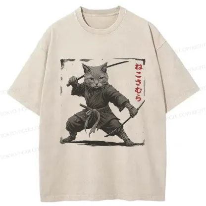 Tokyo-Tiger Handsome Cat Samurai Washed T-Shirt
