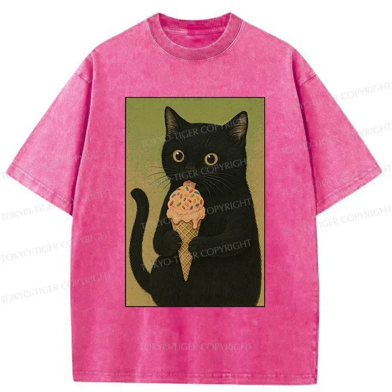 Tokyo-Tiger Kitten Rating Ice Cream Washed T-Shirt