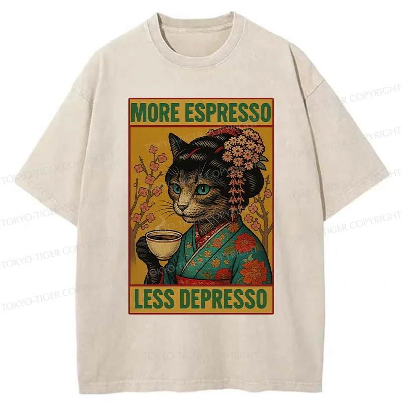 Tokyo-Tiger Geisha Cat Drinking Coffee Washed T-Shirt