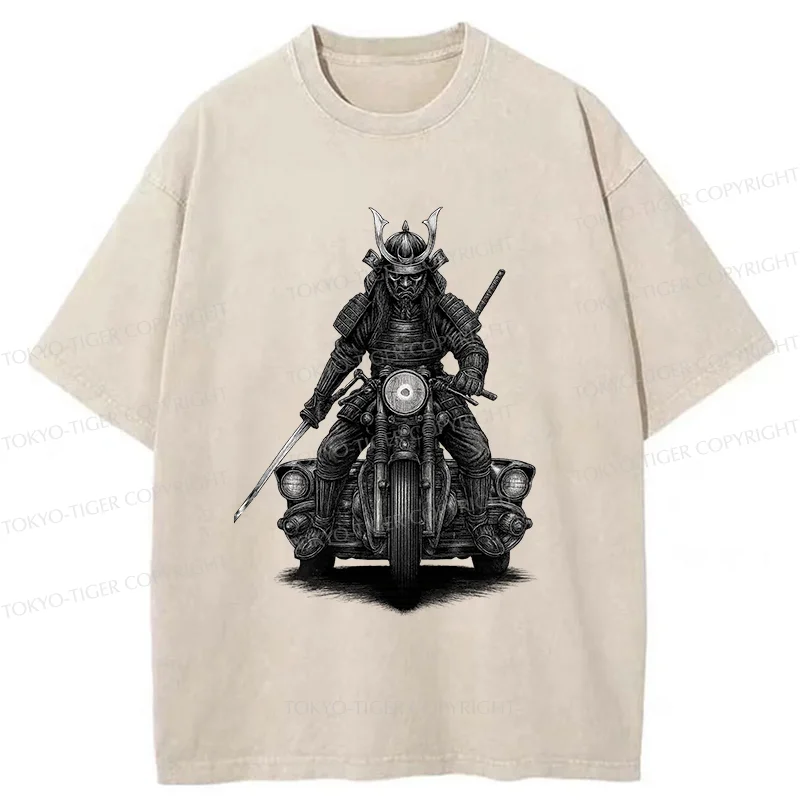 Tokyo-Tiger Samurai Riding A Motorcycle Washed T-Shirt