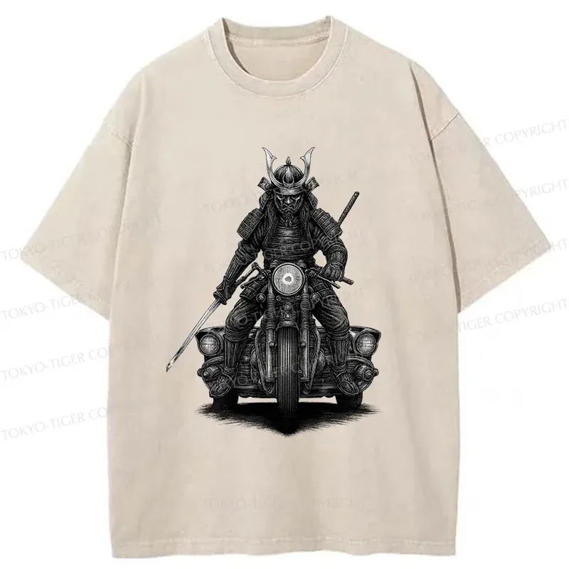 Tokyo-Tiger Samurai Riding A Motorcycle Washed T-Shirt