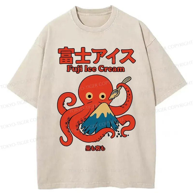 Tokyo-Tiger Octopus Eating Mount Fuji Washed T-Shirt