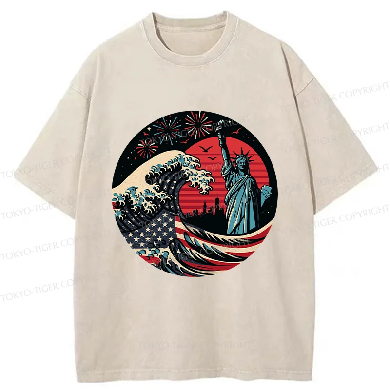 Tokyo-Tiger Independence Day And Waves Washed T-Shirt