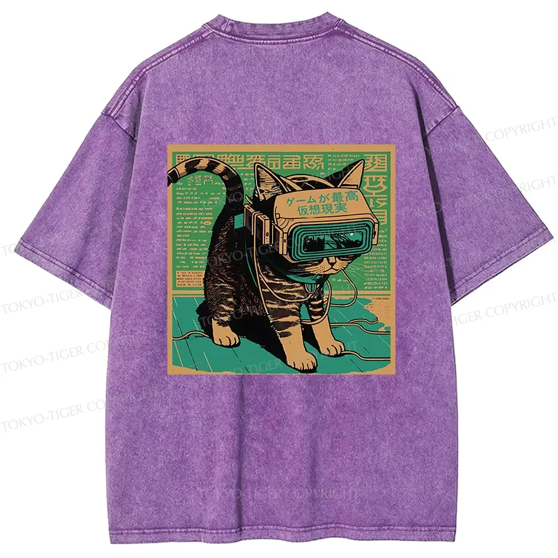 Tokyo-Tiger Cyberpunk Sci-Fi Cat Back Washed T-Shirt