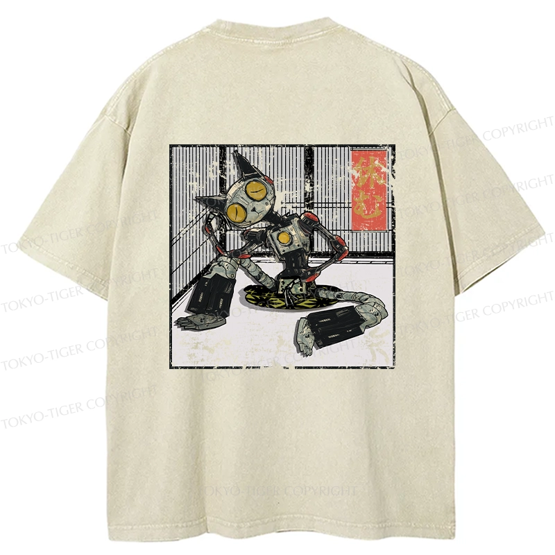 Tokyo-Tiger Robot Cat Taking A Rest Back Washed T-Shirt