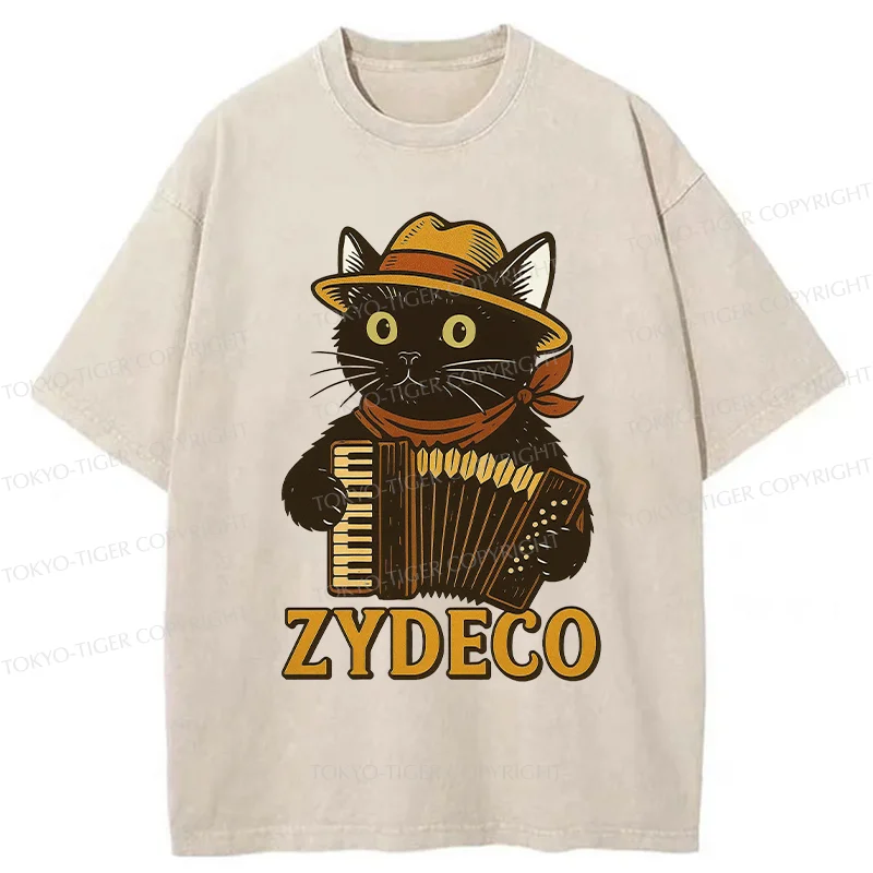 Tokyo-Tiger Cat Playing Accordion Washed T-Shirt