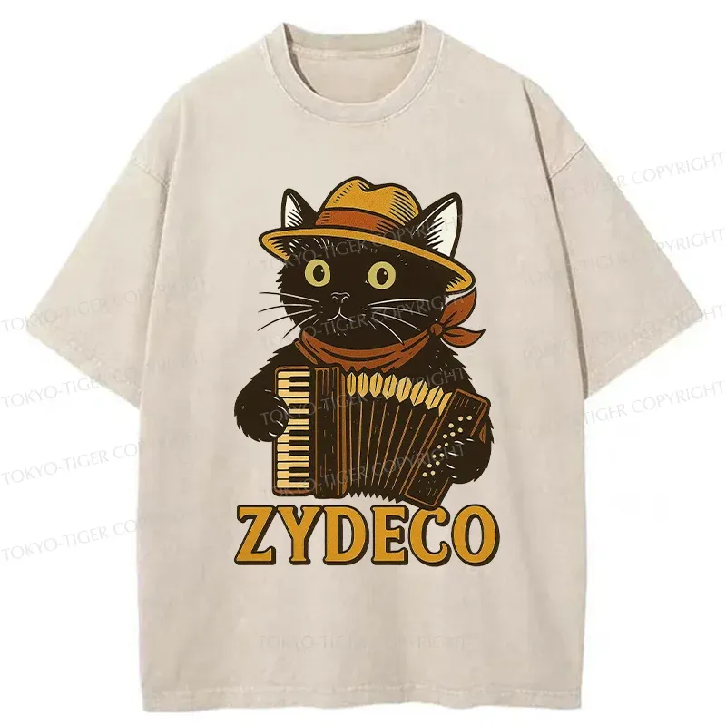 Tokyo-Tiger Cat Playing Accordion Washed T-Shirt