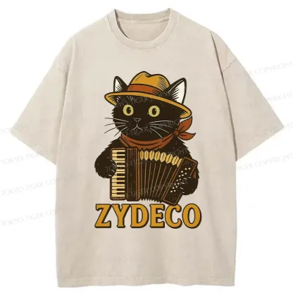 Tokyo-Tiger Cat Playing Accordion Washed T-Shirt