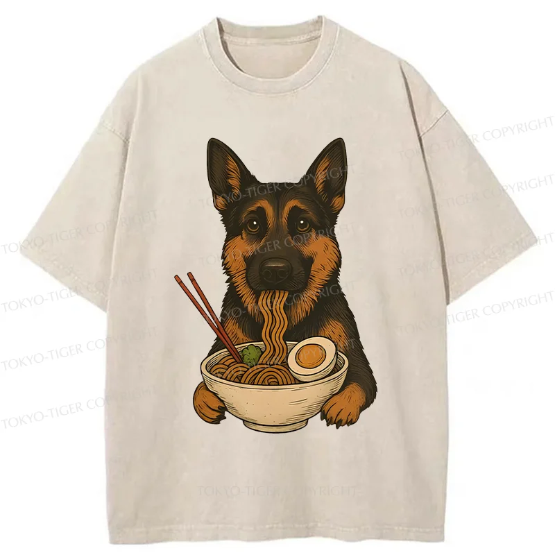 Tokyo-Tiger German Shepherd Eating Ramen Washed T-Shirt