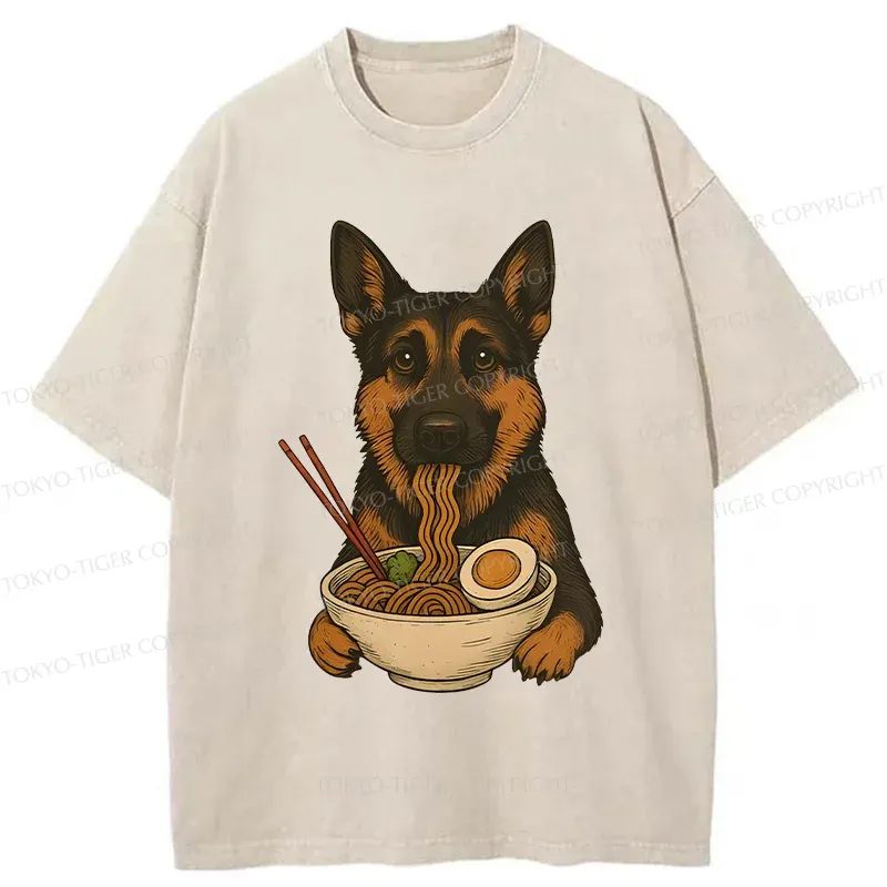 Tokyo-Tiger German Shepherd Eating Ramen Washed T-Shirt