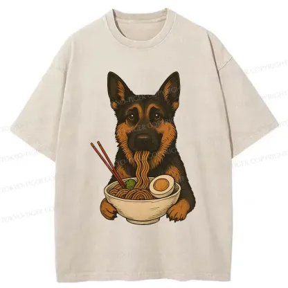 Tokyo-Tiger German Shepherd Eating Ramen Washed T-Shirt