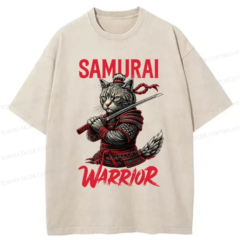 Tokyo-Tiger Fierce Cat Samurai Washed T-Shirt