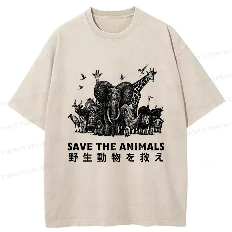 Tokyo-Tiger Save Animals Washed T-Shirt