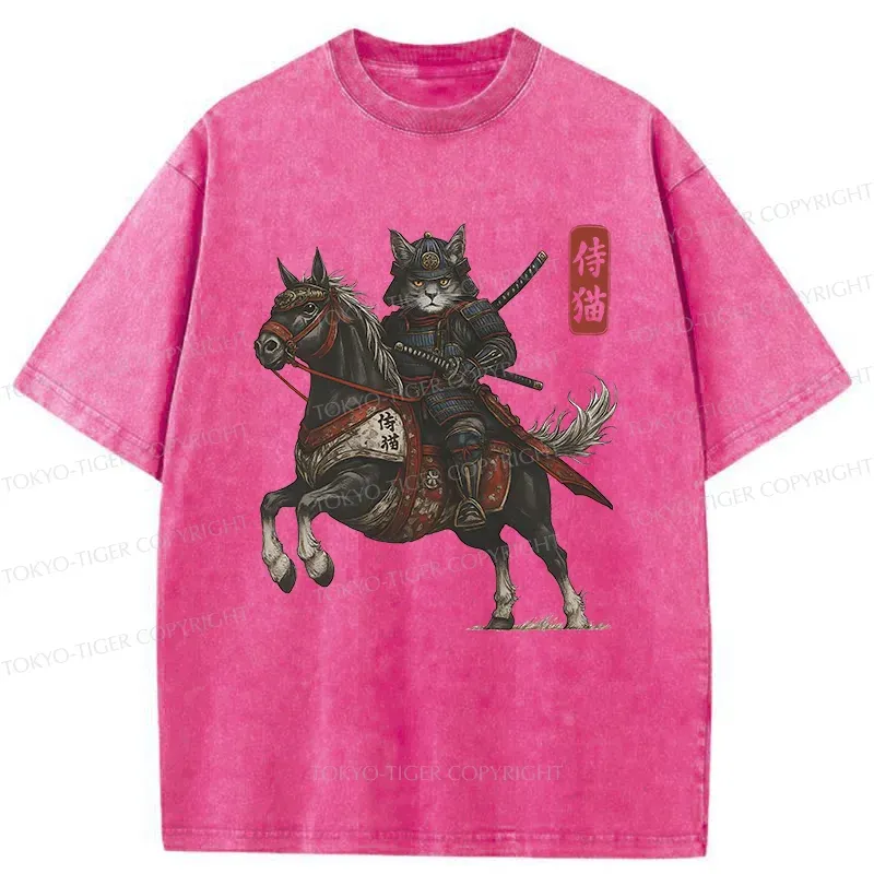 Tokyo-Tiger Cat Samurai Riding A Horse Washed T-Shirt