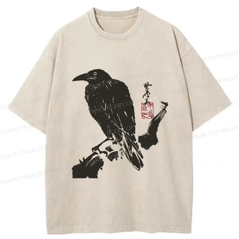 Tokyo-Tiger Crow Ancient Painting Washed T-Shirt