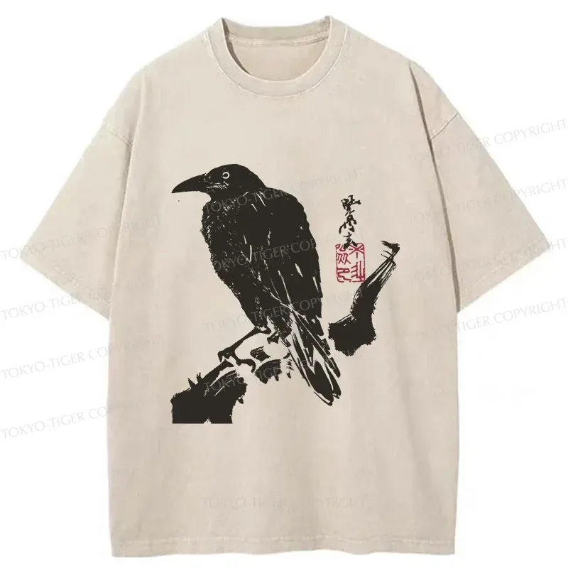 Tokyo-Tiger Crow Ancient Painting Washed T-Shirt