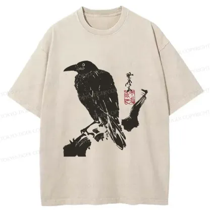 Tokyo-Tiger Crow Ancient Painting Washed T-Shirt