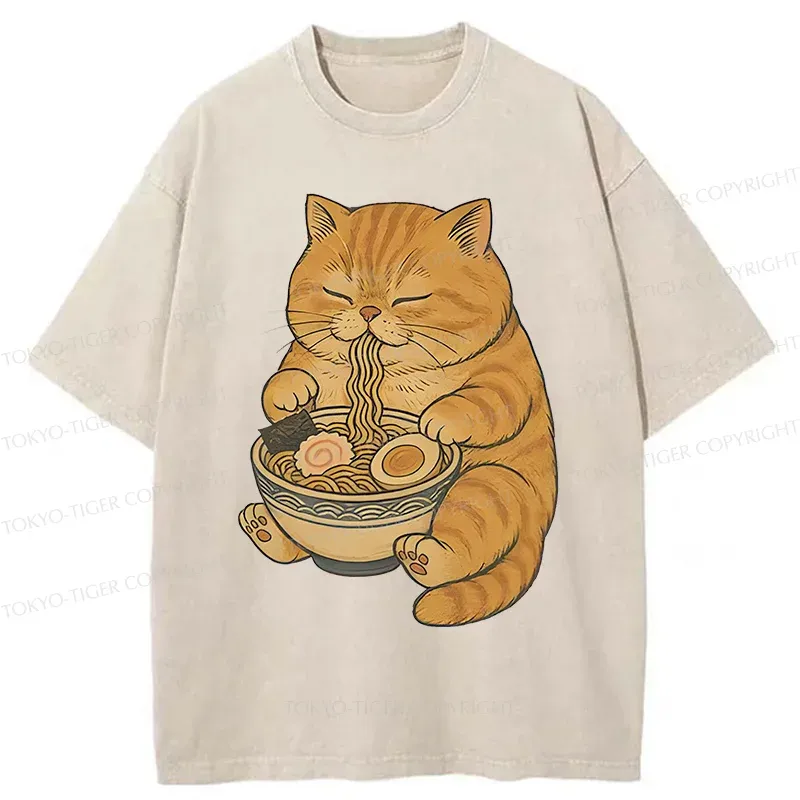 Tokyo-Tiger Orange Cat Eating Ramen Washed T-Shirt
