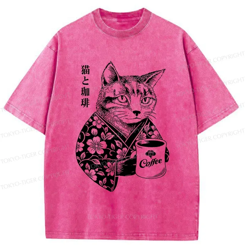 Tokyo-Tiger Cat And Coffee Washed T-Shirt