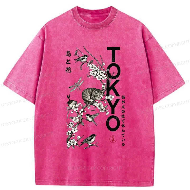 Tokyo-Tiger Cat Resting On A Branch Washed T-Shirt