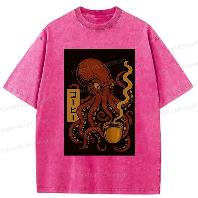 Tokyo-Tiger Octopus Drinking Coffee Washed T-Shirt