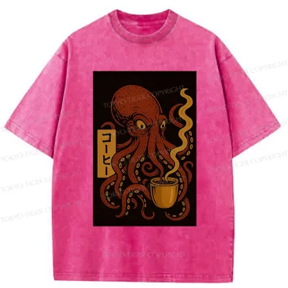 Tokyo-Tiger Octopus Drinking Coffee Washed T-Shirt
