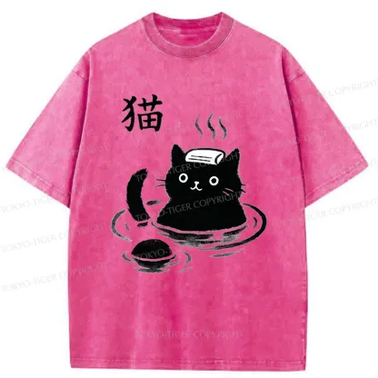 Tokyo-Tiger Cat Bathing In Hot Spring Washed T-Shirt