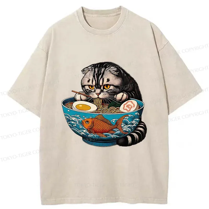 Tokyo-Tiger American Shorthair Cat Eating Ramen Washed T-Shirt