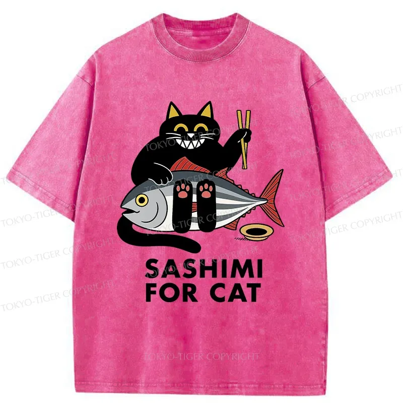Tokyo-Tiger Black Cat Eating Sashimi Washed T-Shirt