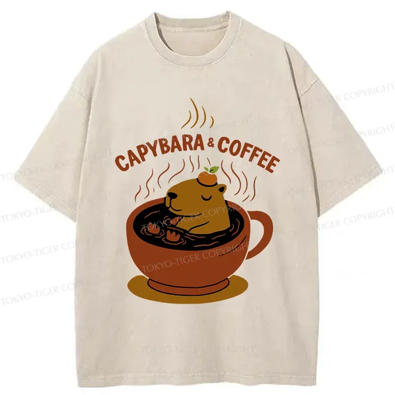 Tokyo-Tiger Capybara Coffee Funny Washed T-Shirt