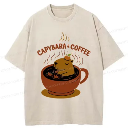 Tokyo-Tiger Capybara Coffee Funny Washed T-Shirt