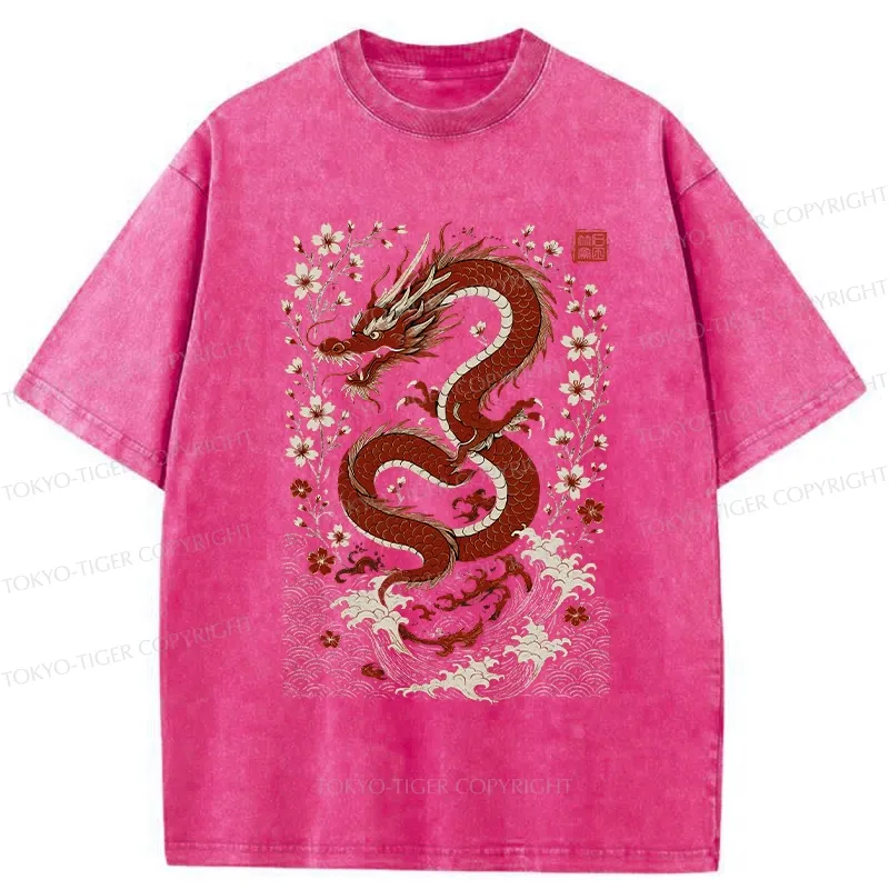 Tokyo-Tiger Retro Dragon And Sakura Washed T-Shirt