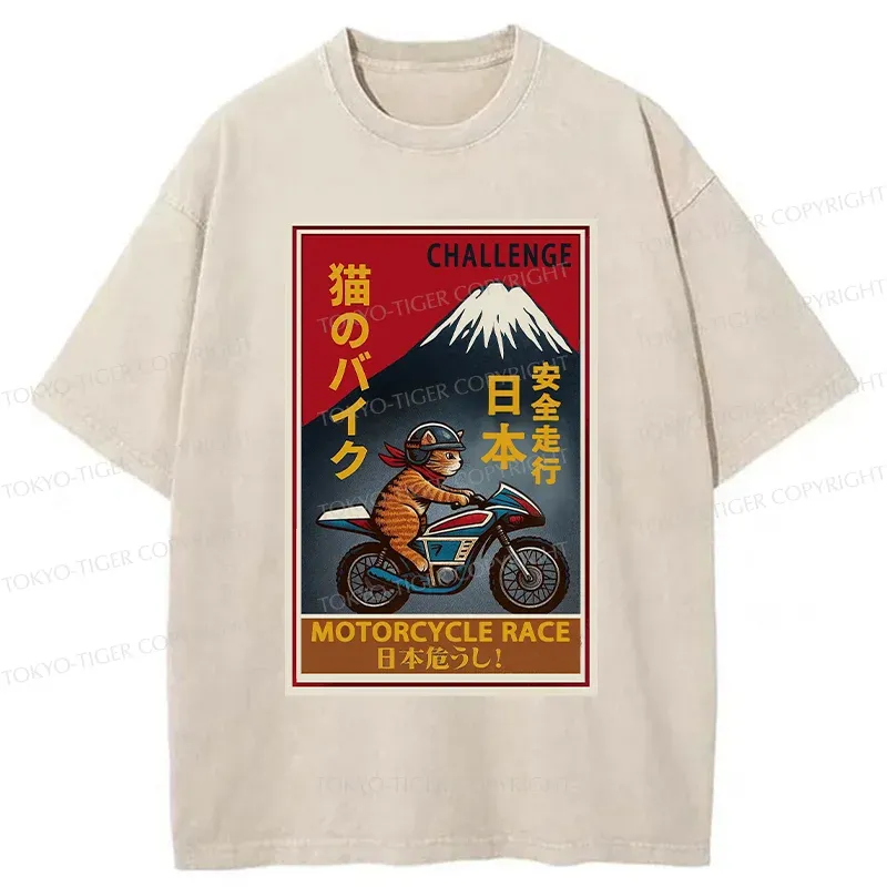 Tokyo-Tiger Cat Riding A Motorcycle Washed T-Shirt