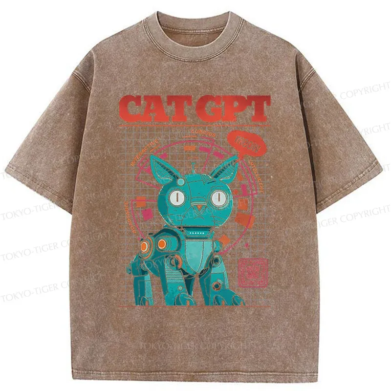 Tokyo-Tiger Machine Cat Retro Washed T-Shirt