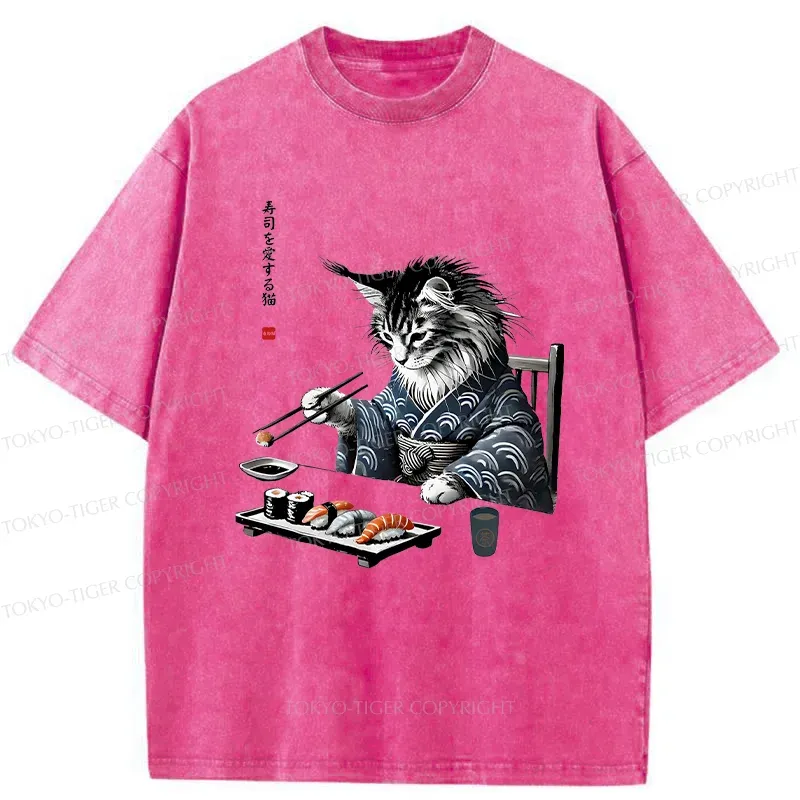 Tokyo-Tiger Cat Eating Sushi Japan Washed T-Shirt