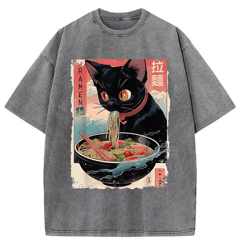 Tokyo-Tiger Black Cat Eating Ramen Japanese Washed T-Shirt