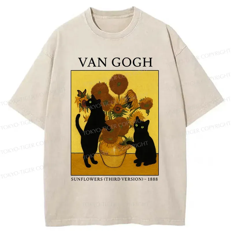 Tokyo-Tiger Sunflower And Cat Washed T-Shirt