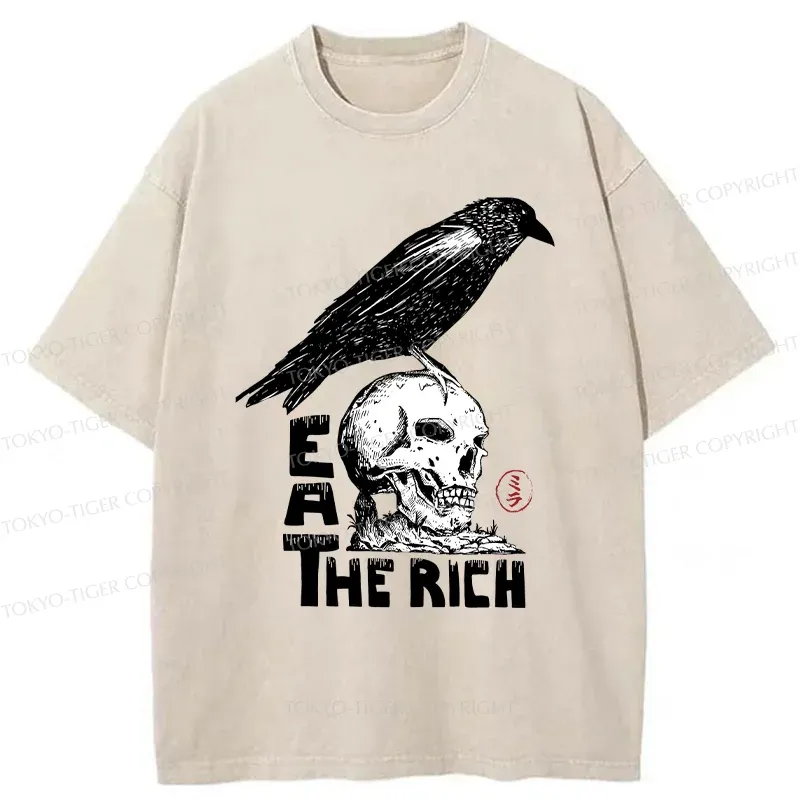 Tokyo-Tiger Crow Standing On Skull Washed T-Shirt