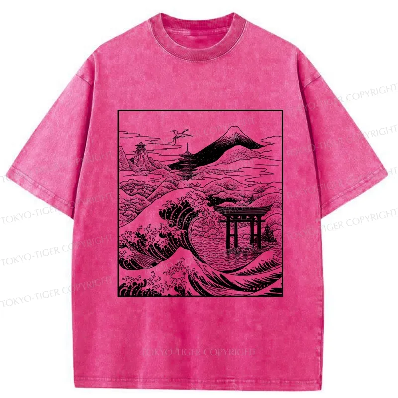 Tokyo-Tiger Retro Japanese landscape Washed T-Shirt
