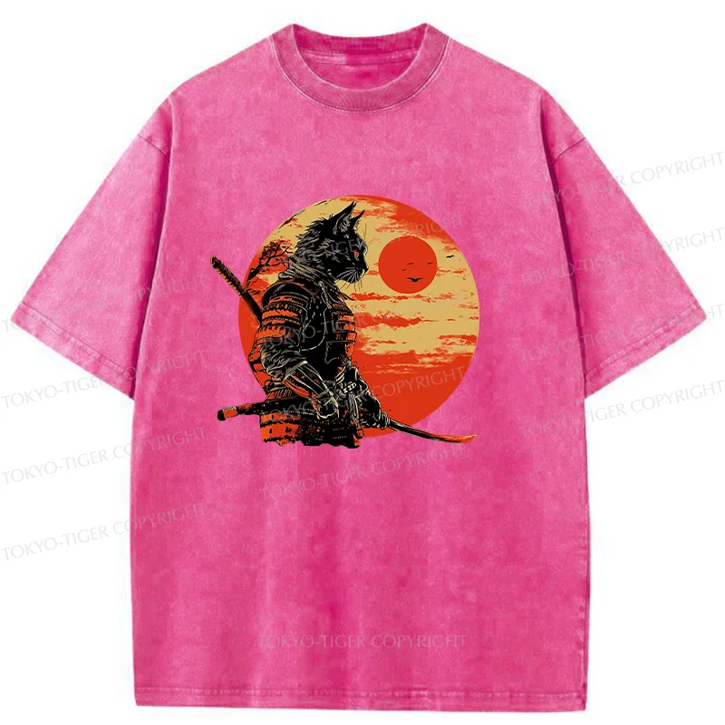 Tokyo-Tiger Cat Samurai And Sunset Washed T-Shirt