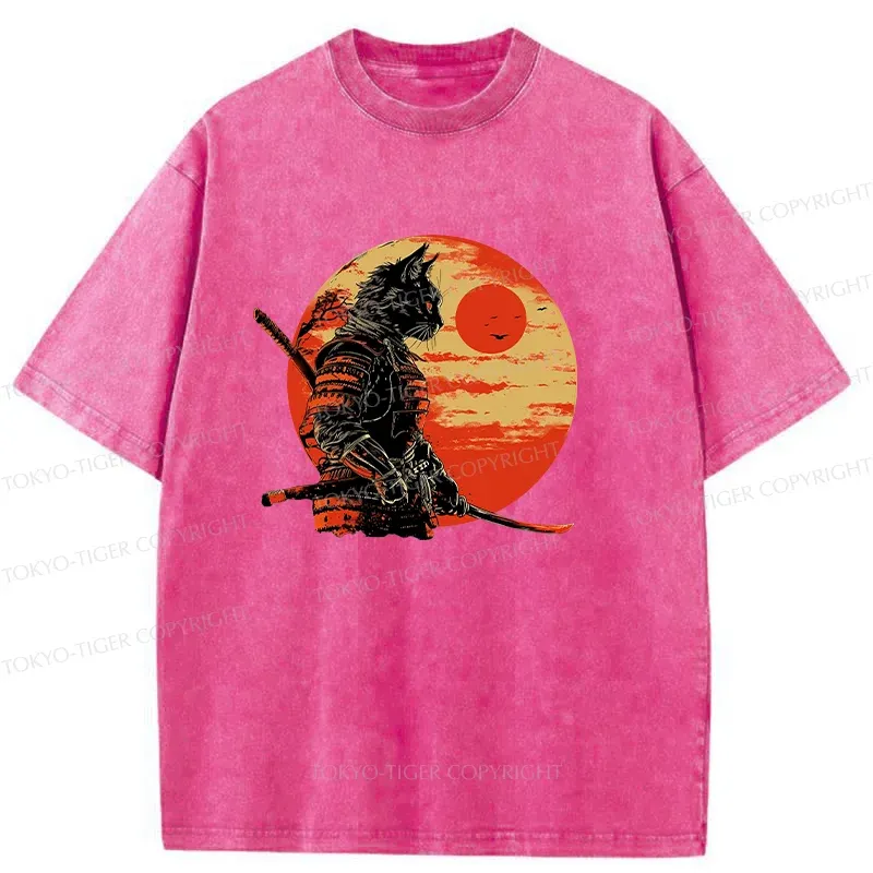 Tokyo-Tiger Cat Samurai And Sunset Washed T-Shirt