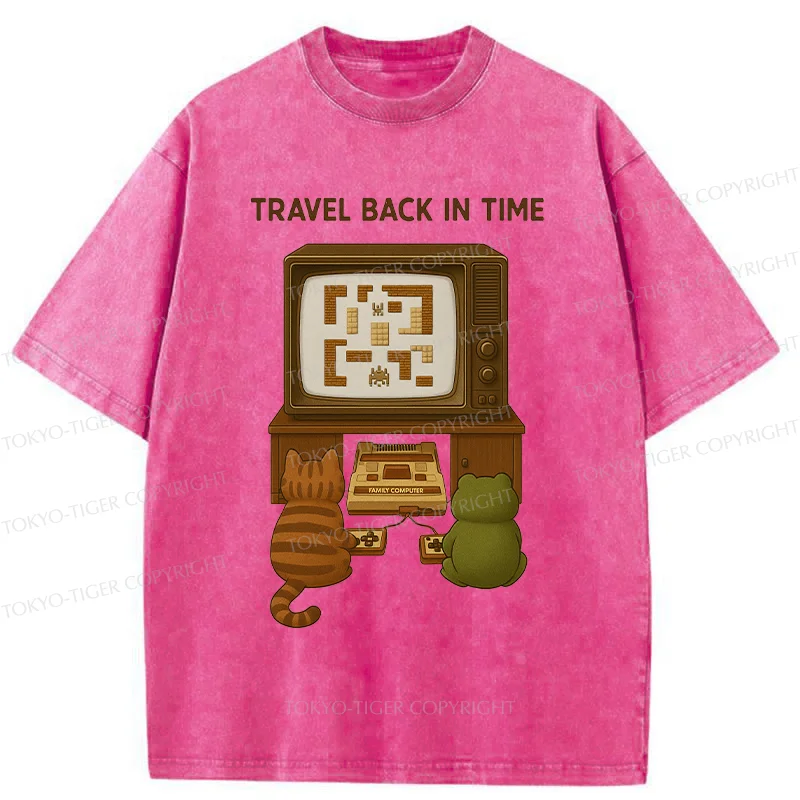 Tokyo-Tiger Cat And Frog Playing Games Washed T-Shirt